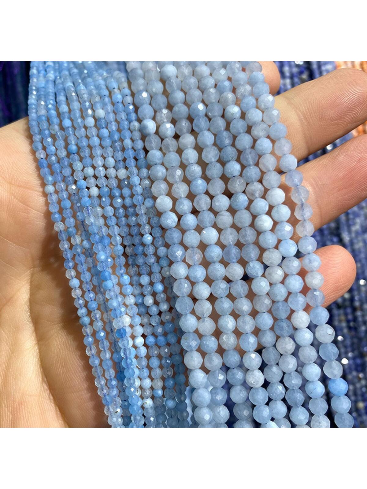 1strand 2mm 3mm 4mm Natural Blue Sea Sediment Stone Beads, Faceted Round Beads, Loose Beads For Diy Bracelet, Necklace, Earrings, Jewelry Making Supplies, 15''--1