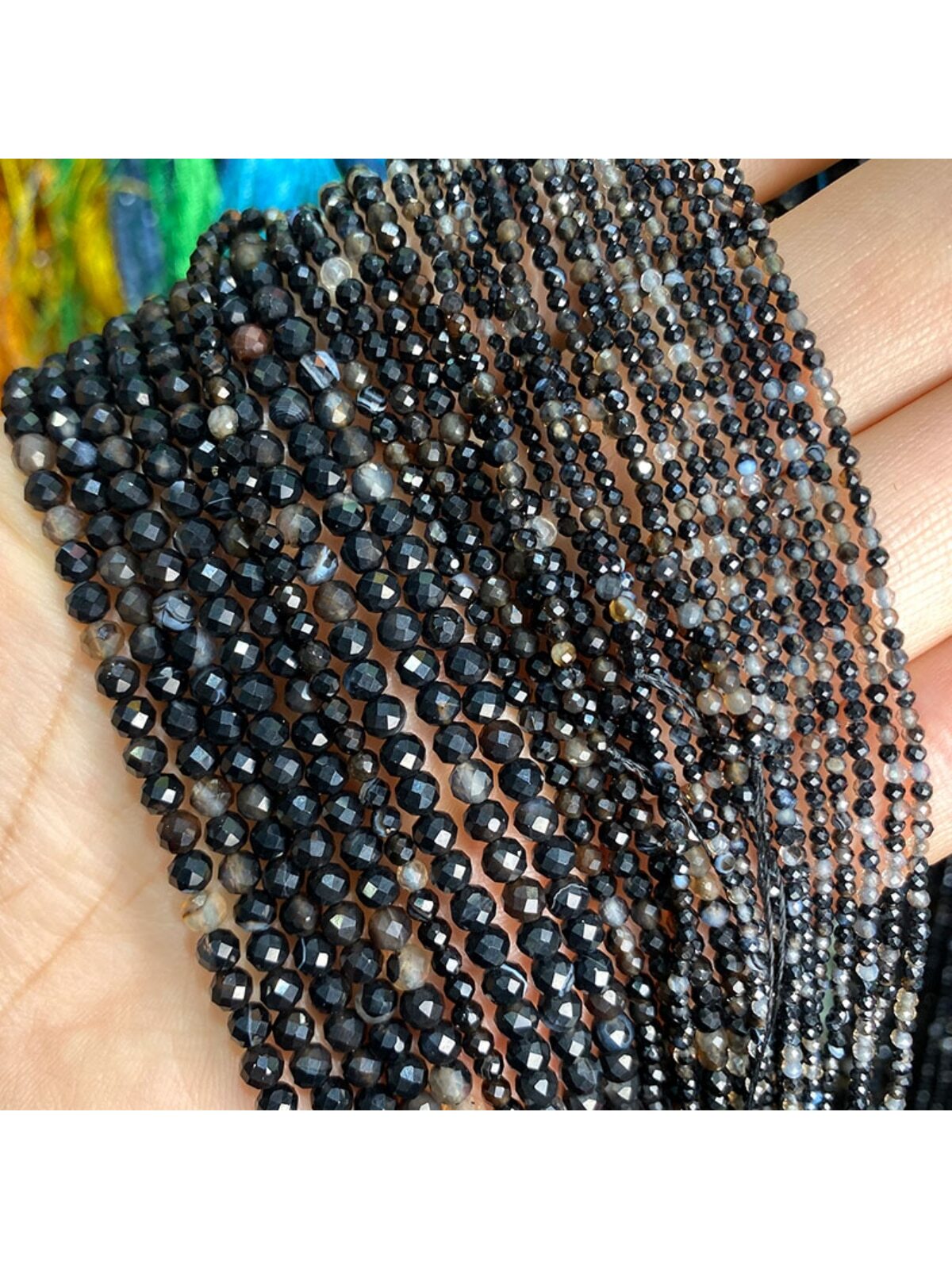 1 Strand 2mm 3mm 4mm Faceted Natural Black Striped Agate Beads For Diy Bracelet, Necklace And Earring Making, 15'' Long--1