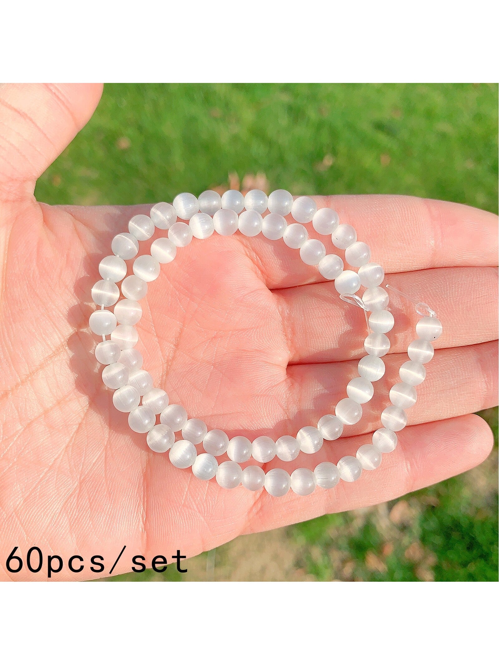 1 Set White Cat's Eye Stone Loose Beads With Spacer Beads, Suitable For Diy Bracelet, Necklace, Jewelry Making--1