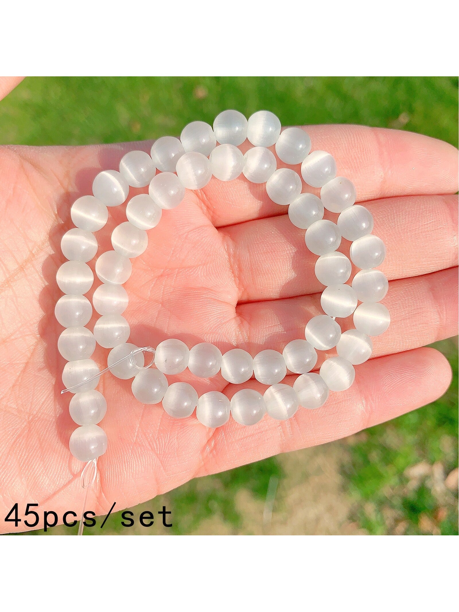 1 Set White Cat Eye Stone Loose Beads Round Beads & Spacer Beads For Diy Bracelet, Necklace And Jewelry Making Accessories--1