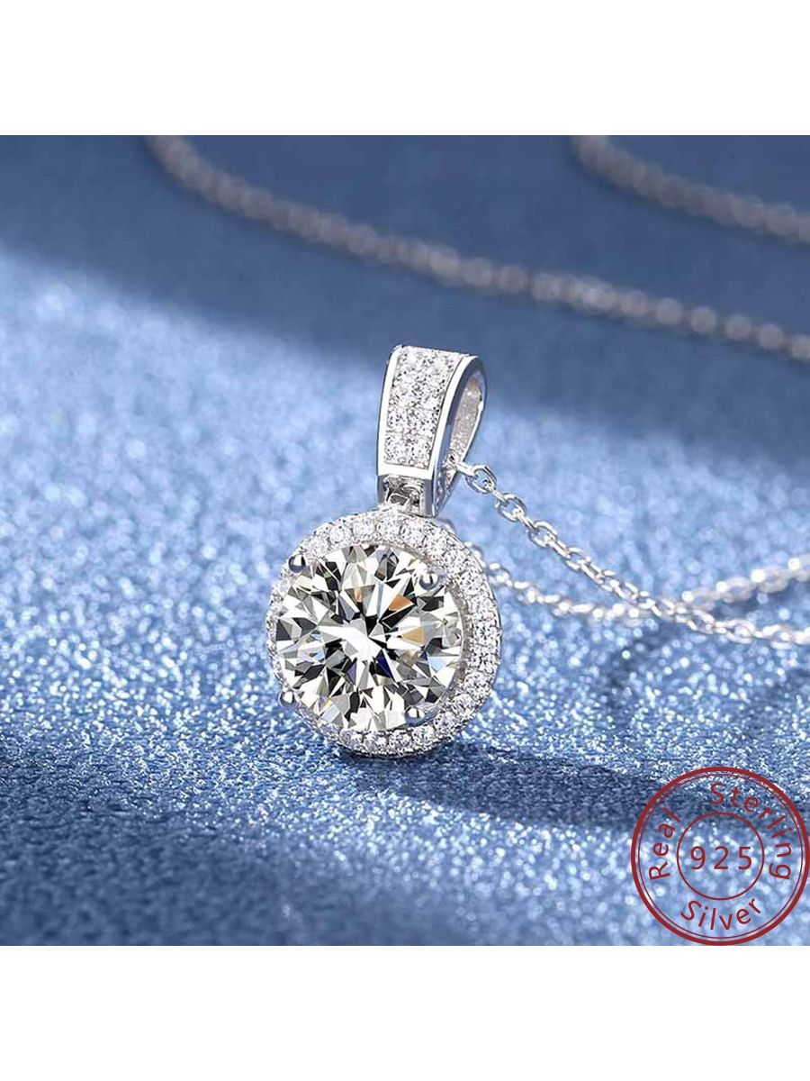 S925 Silver 1ct Round Bezel Set Mossanite Pendant, Unique Design Clavicle Chain Gift For Women-Silver-1