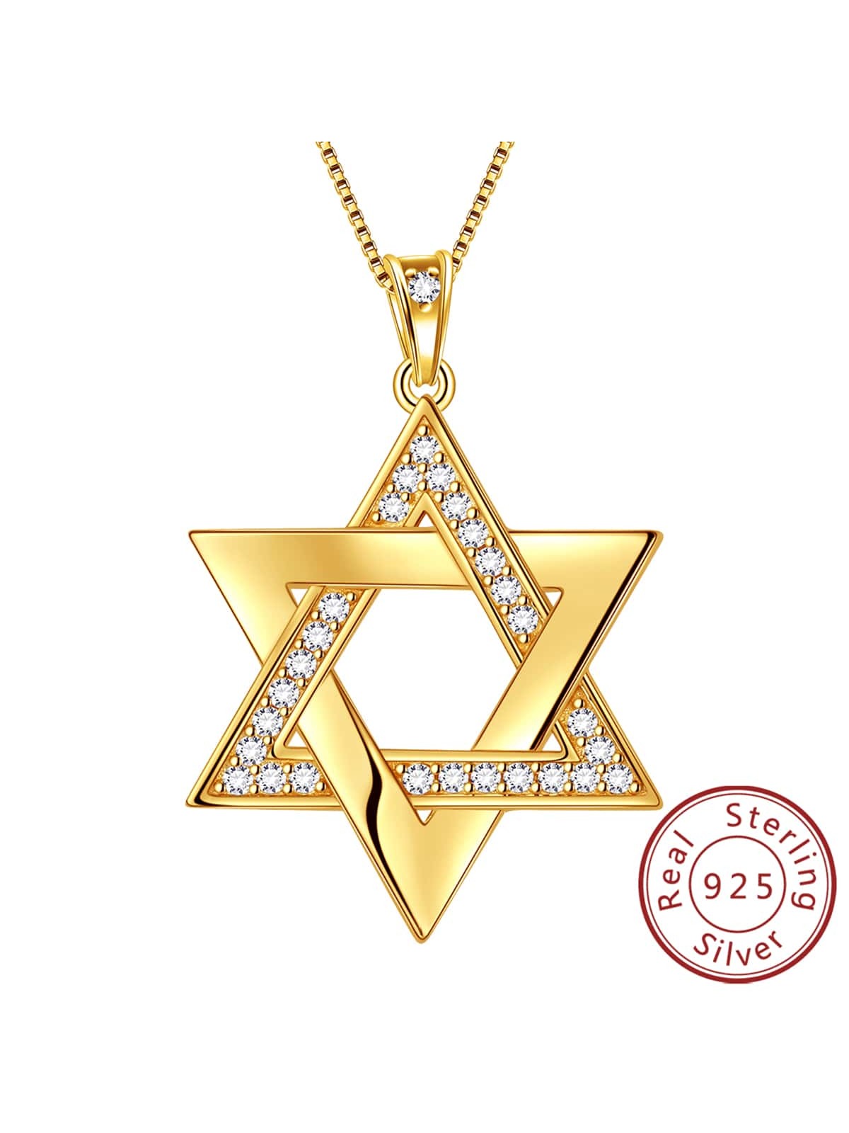 1pc Fashionable & Personalized Gold-color Hexagram Shaped Pendant Necklace, With White Zirconia, 925 Sterling Silver, Ideal For Men & Women, Dress Up/party Wear & Daily Wear-Gold-1