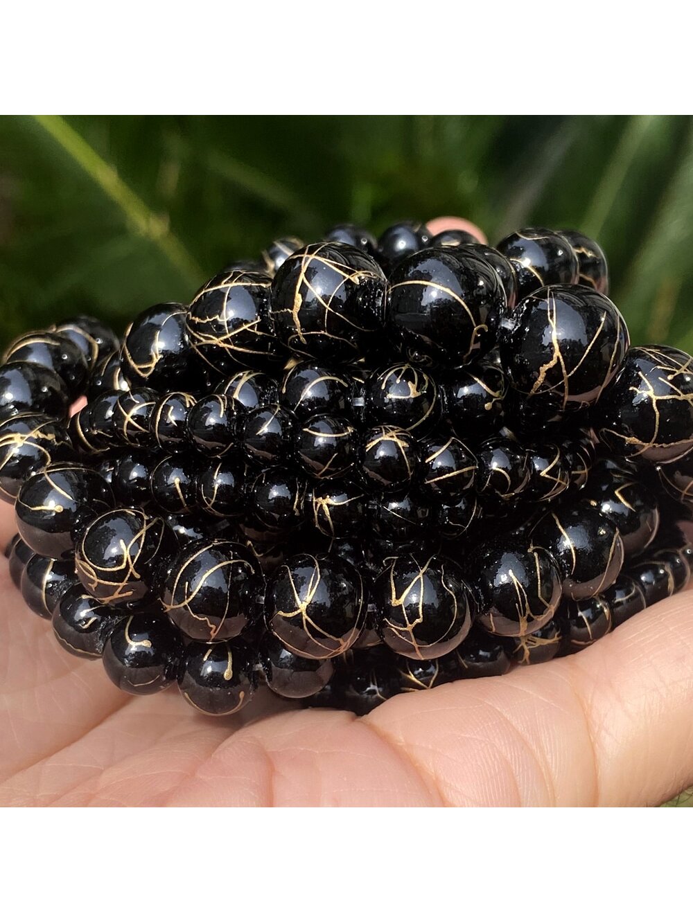 1 Strand  6/8/10/12mm Natural Stone Beads Black Gold Color Line Agates Round Beads For Jewelry Making Diy Bracelet Necklace Accessories-Black-1