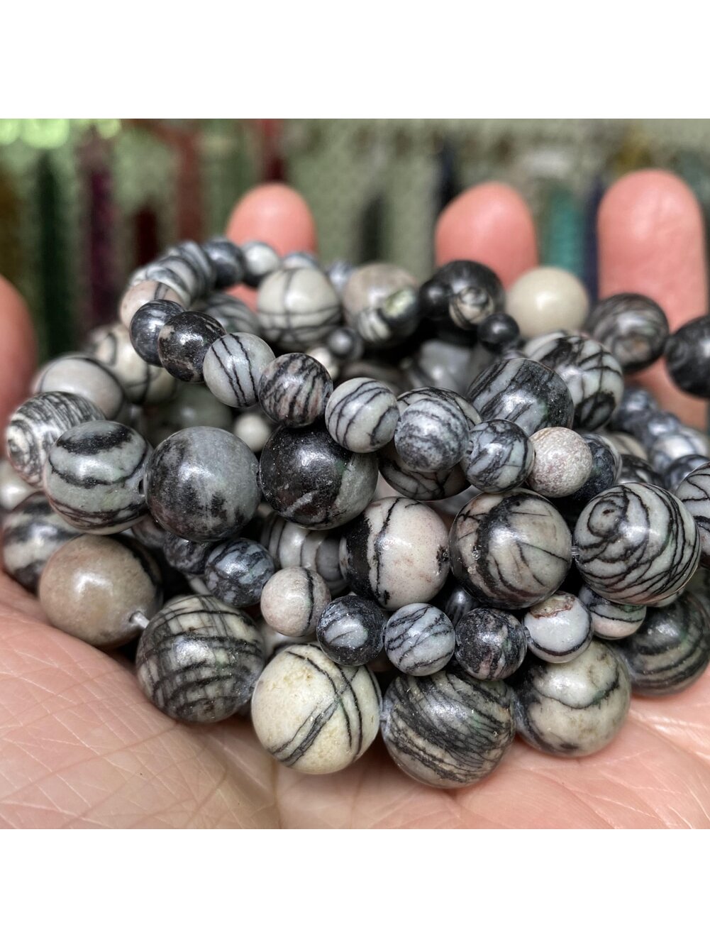 1 Strand Natural Black Web Jaspers Stones Loose Round Beads For Jewelry Making 4-12 mm Diy Bracelets Accessories 15" Wholesale-Black and White-1