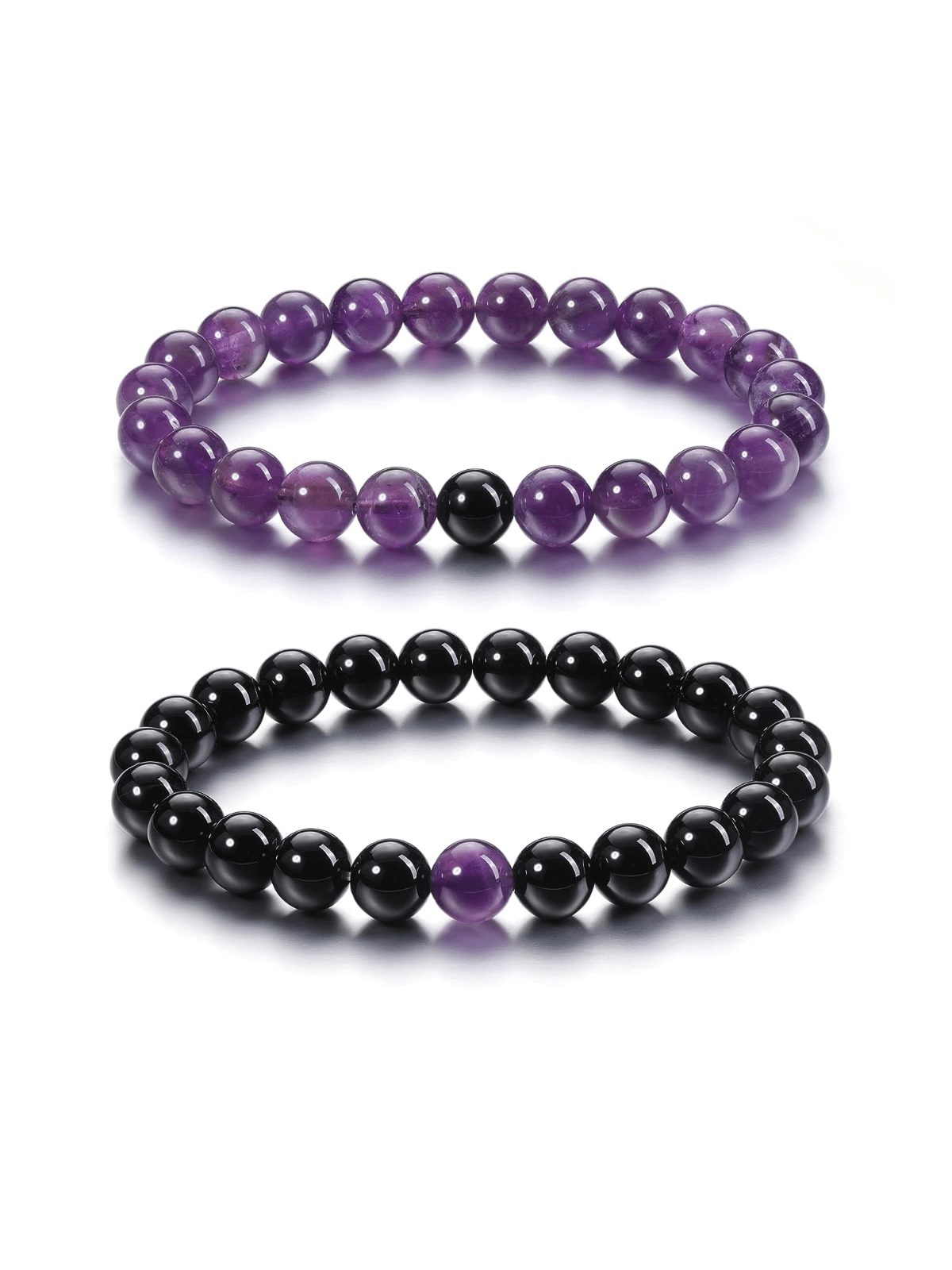 2pcs 8mm Black Obsidian & Amethyst Healing Crystal Stone Stretch Bracelets Handmade Round Gemstone Beaded Energy Beads Chakra Bracelet for Women Men Couples Distance Gifts. Matching Couples Bracelets--1