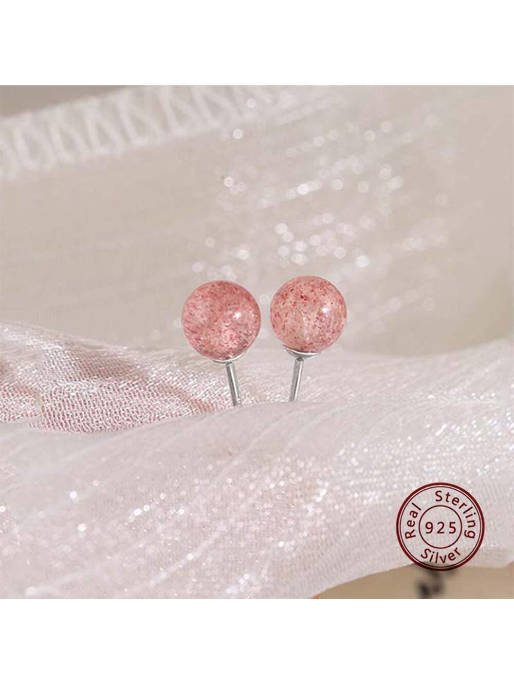 1pair 6mm Pink Strawberry Crystal & Sterling Silver Stud Earrings, Simple Style, Suitable For Daily Wear By Women-Pink-1