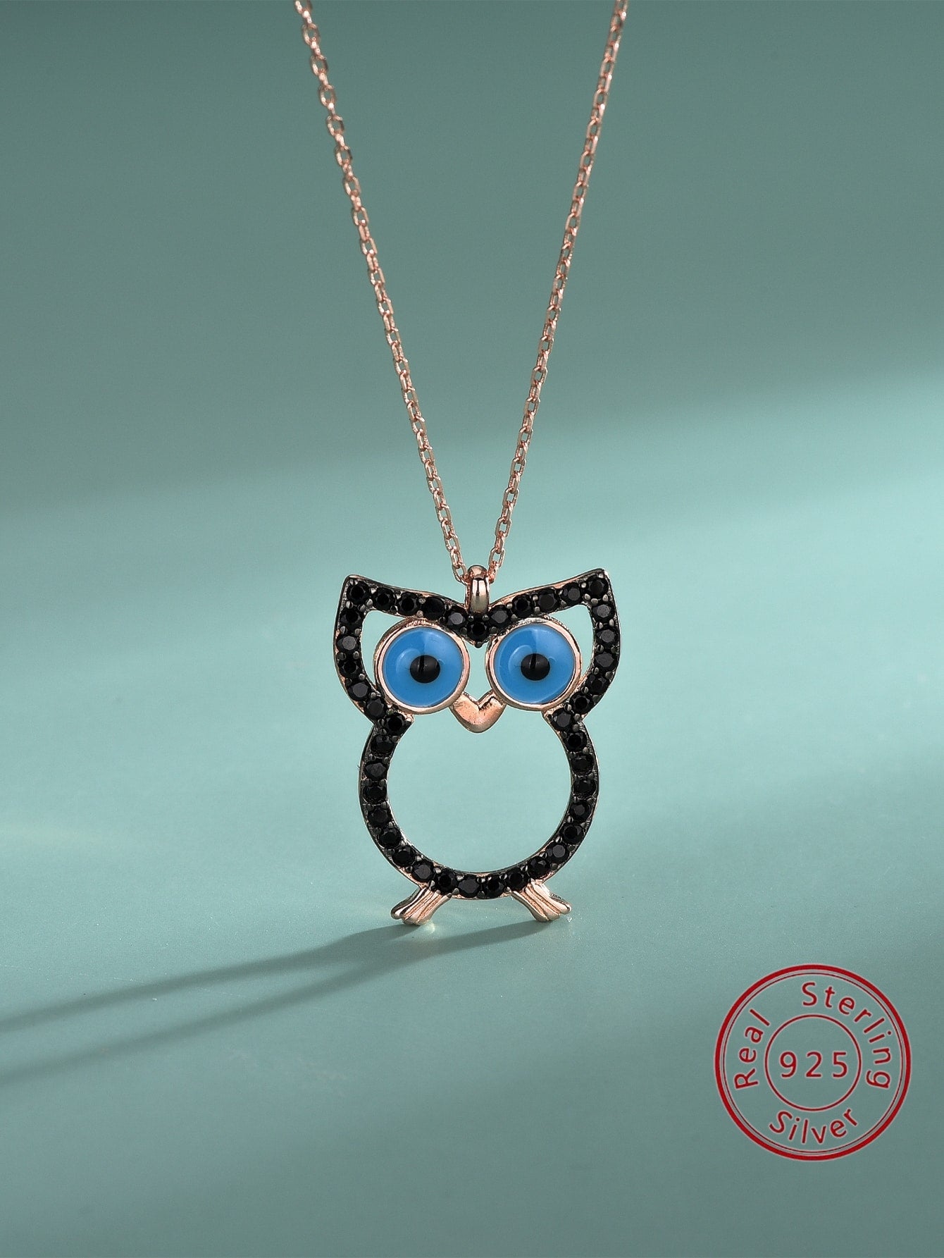 Yjxl-087 Fashionable Simple S925 Silver & Cubic Zirconia Decorated Owl Pendant Necklace-Rose Gold-1