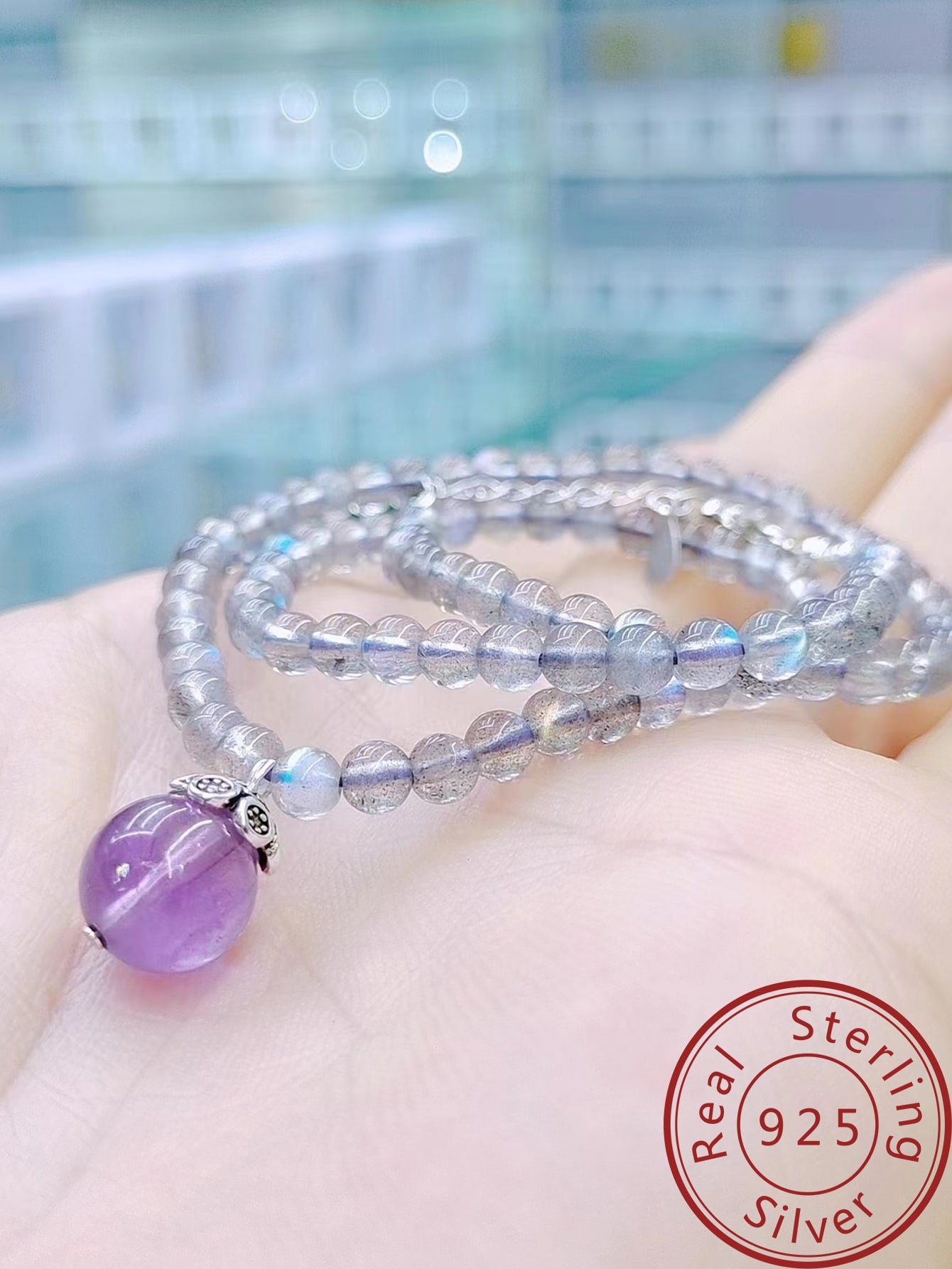 1pc Fashionable S925 Sterling Silver Natural Moonstone & Amethyst Necklace, Suitable For Ladies' Daily Wear, Birthday Party, Travel, Dating, And Various Festivals.--1