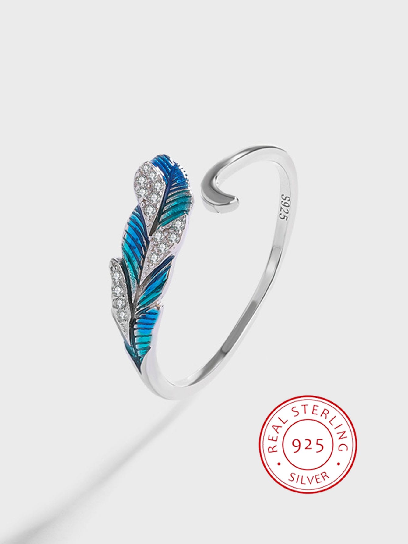 Women's 925 Sterling Silver Openable Ring With Blue Feather & Gradual Blue-green Drip Oil Decoration-Multicolor-1