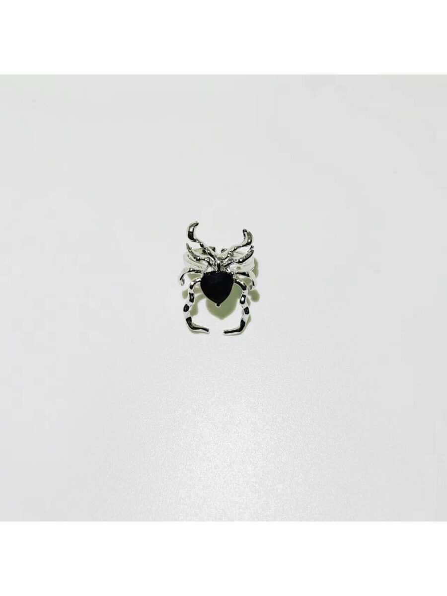 Vintage Black Gemstone Spider Nail Ring Inspired By Gothic Style, Personality Open Statement Ring--1