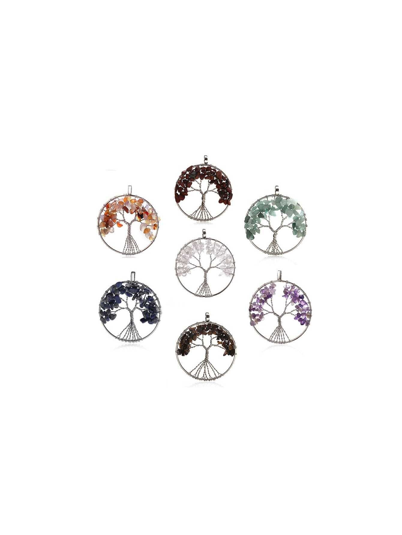 5pcs Casual & Elegant Natural Stone Rainbow Colored Chip Bead Tree Of Life Pendant 30mm Crystal Chakra Stone Wrapped On Silver Wire For Diy Earrings And Necklaces-5 packs (random color)-1