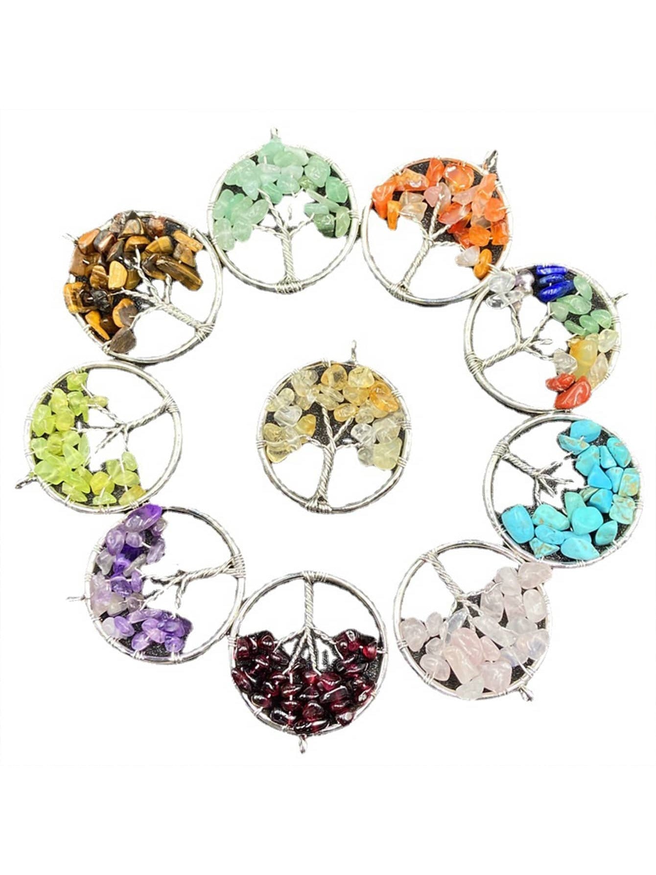 10pcs Casual & Elegant Metal Style Natural Stone Bead Tree Of Life Pendant With 30mm Crystal & Rainbow Colored Stone Wrapped In Silver Color Thread, Suitable For Diy Earrings And Necklaces-10 packs (random color)-1