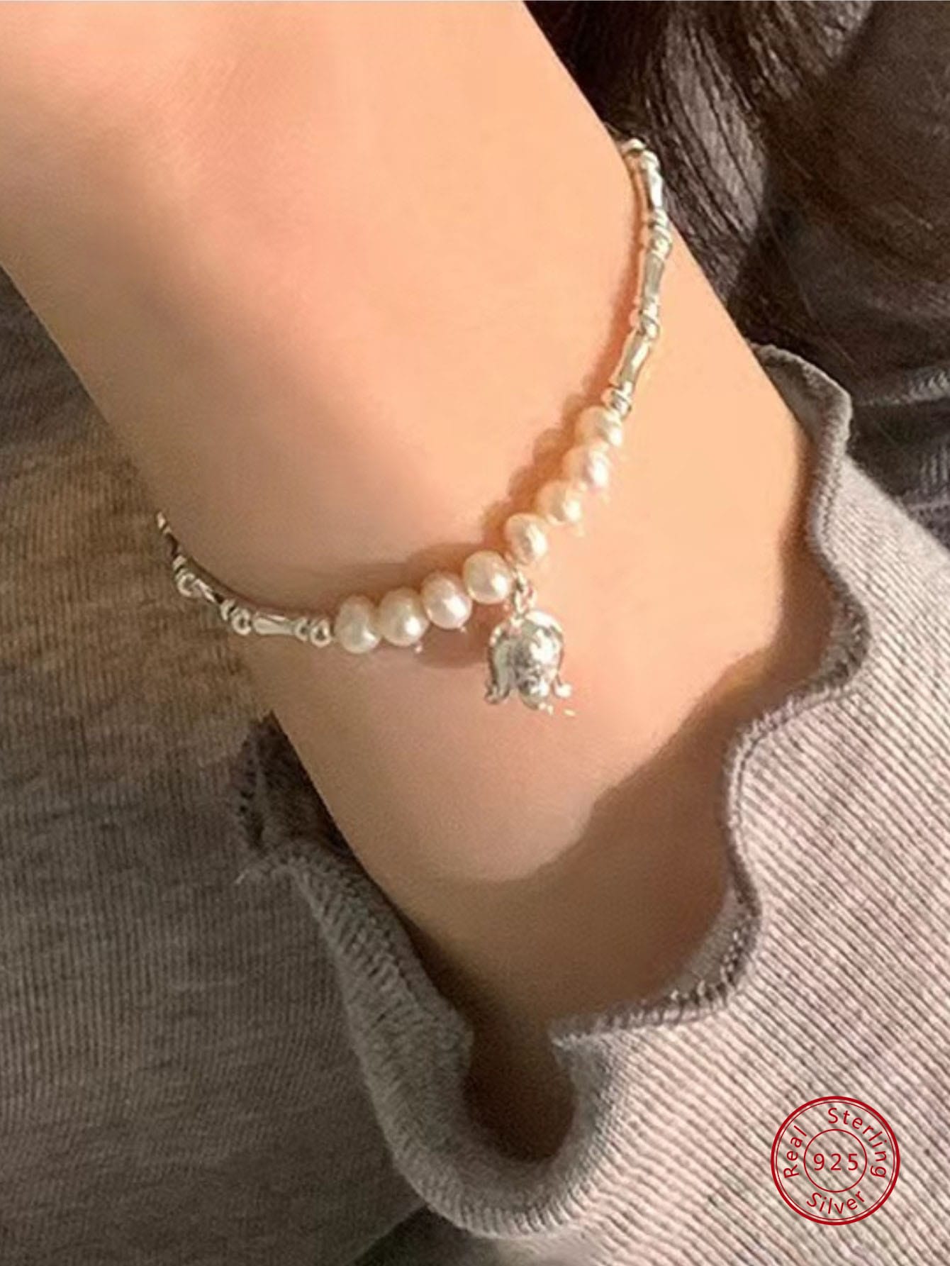 1pc Personality Fashionable Elegant & Luxurious Bellflower Design S925 Sterling Silver Charm Bracelet For Women, Daily Wear & Gift-Silver-1