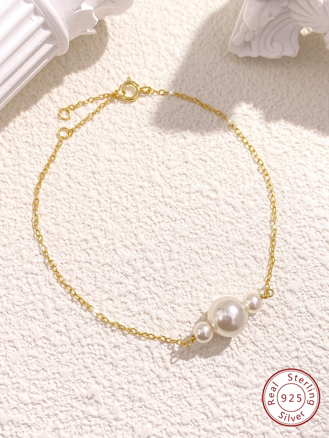 1 Pc  Dainty Cultured Pearl Bracelet For Women S925 Sterling Silver Yellow Gold-plated Fine ladies Jewelry Daily Wear Gifts-Gold-1