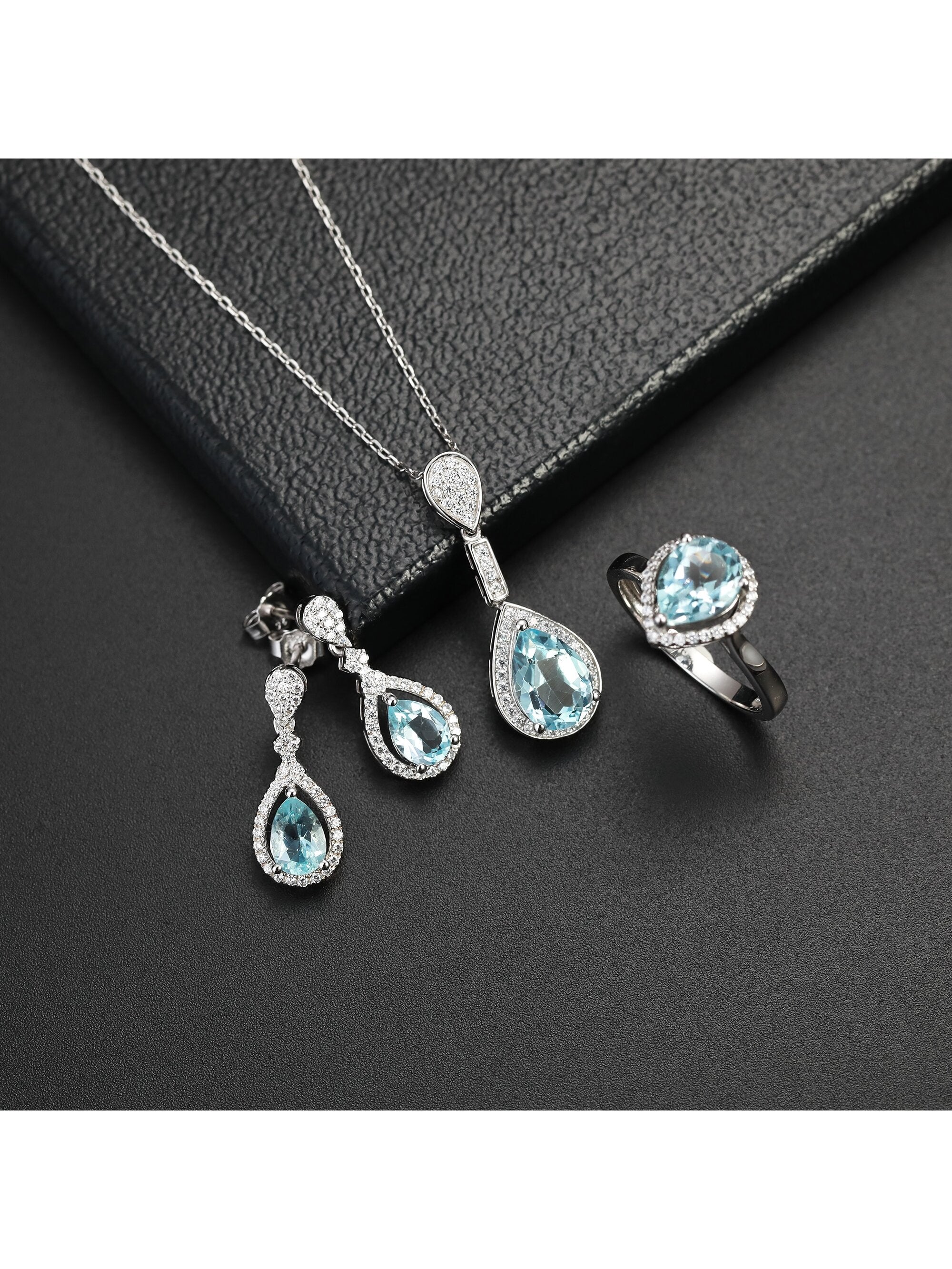 1set Fashionable Natural Topaz Ring, Earrings And Pendant Set Suitable For Women's Daily Wear-Blue-1