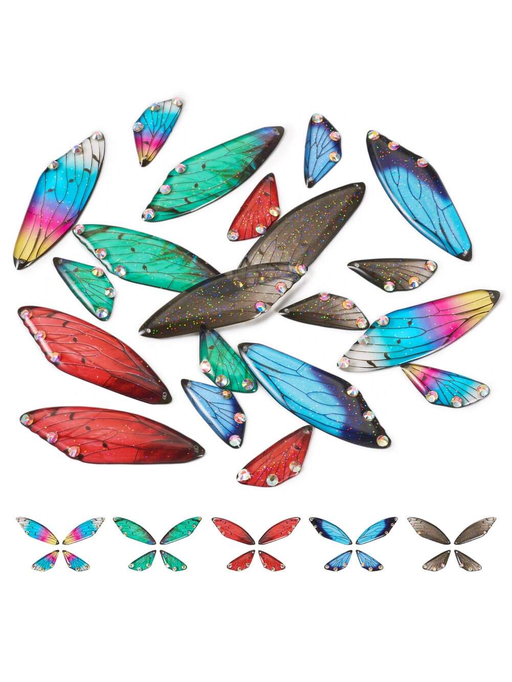 5 Sets 5 Colors Clear Resin Pendants, Wing Pendants With Glitter And Rhinestones, Diy Bracelets Necklaces Earrings Keychains And More!-Multicolor-1