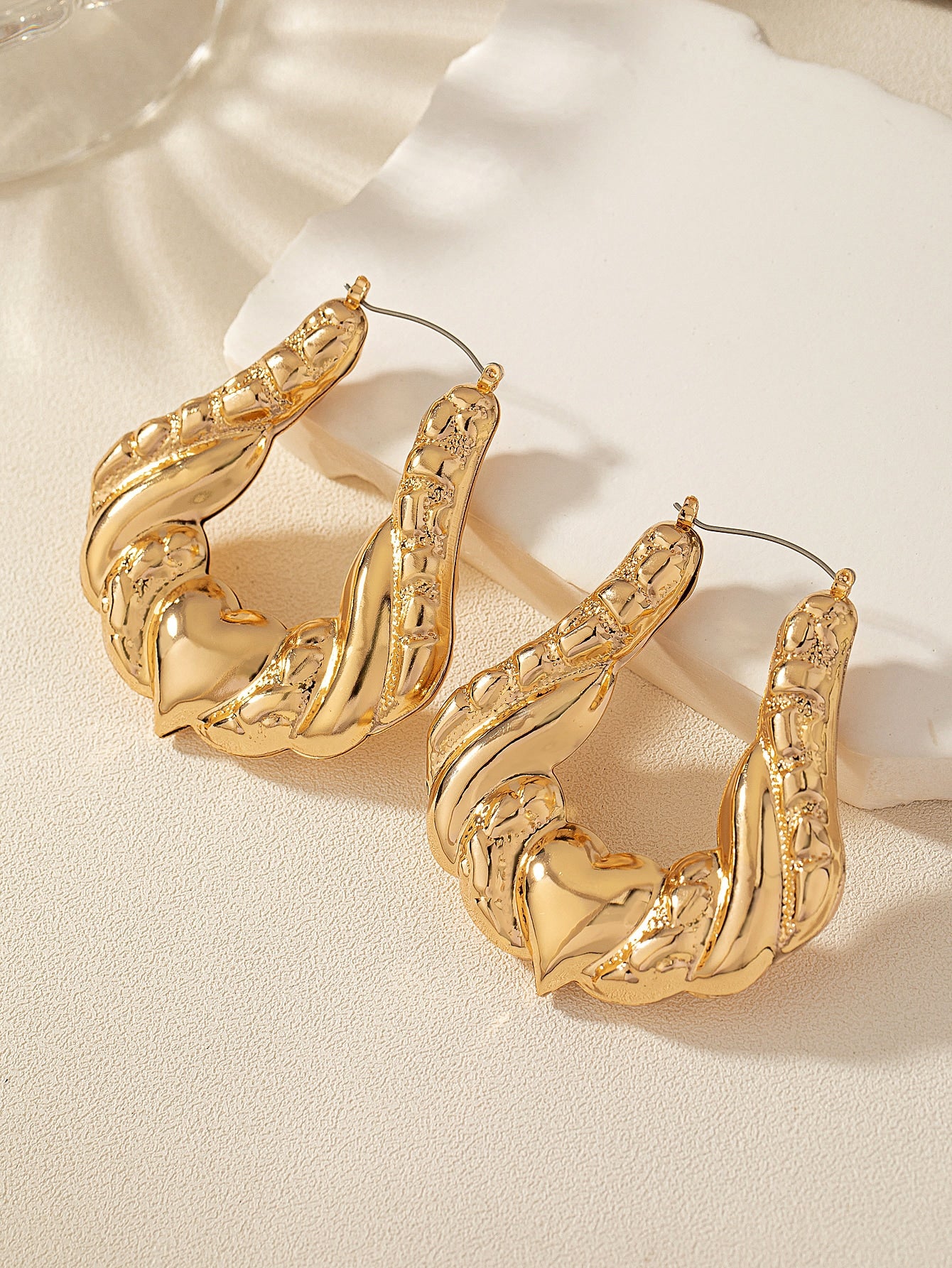 1pair Fashionable Retro European & American Style Water Drop Shaped Hoop Earrings-Gold-1