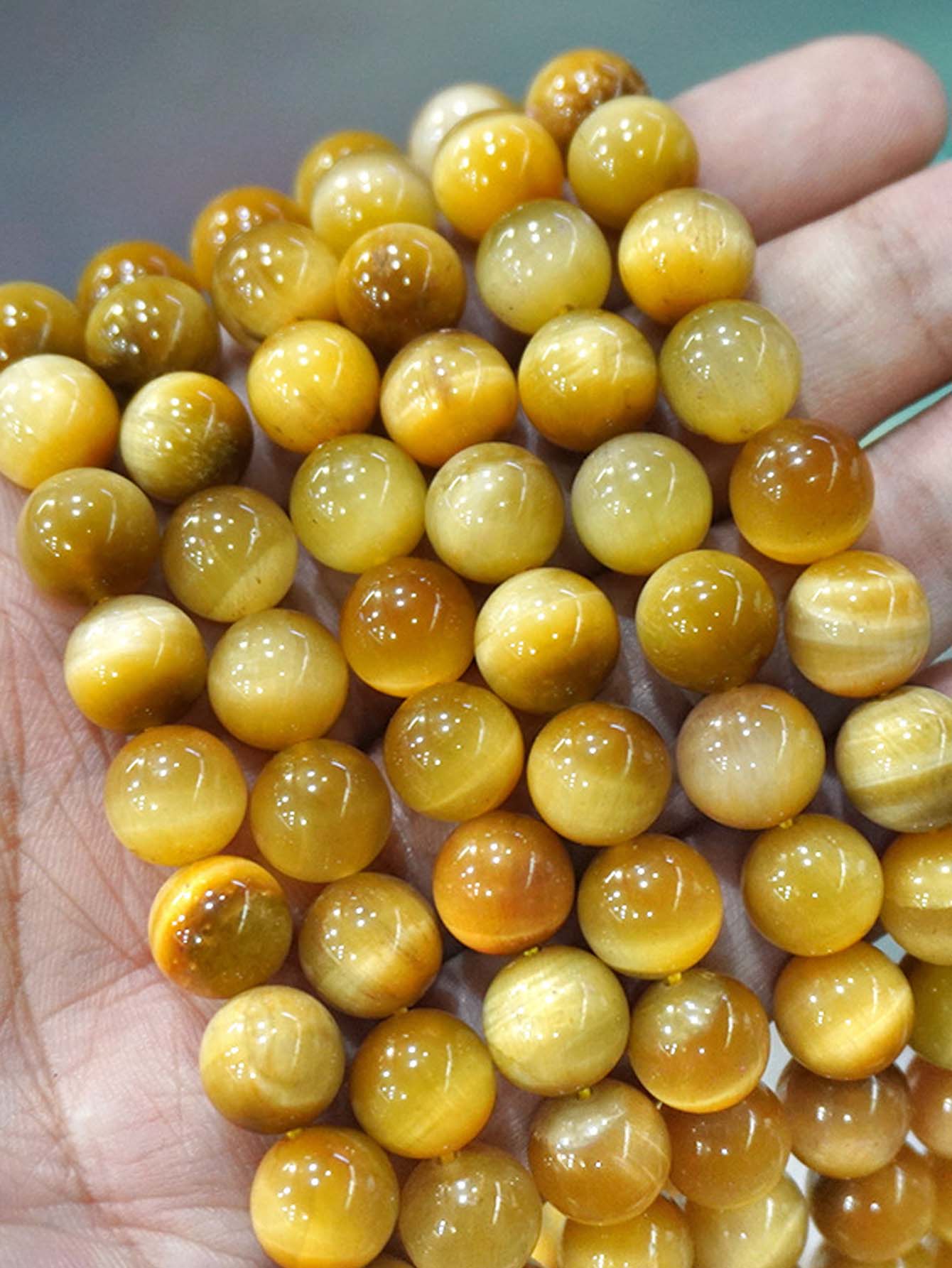 Fashionable 4/6/8/10/12/14/18mm Tiger's Eye Stone Beads, Basic Component Perfect For Diy Bracelet Or Necklace Making-Gold-1