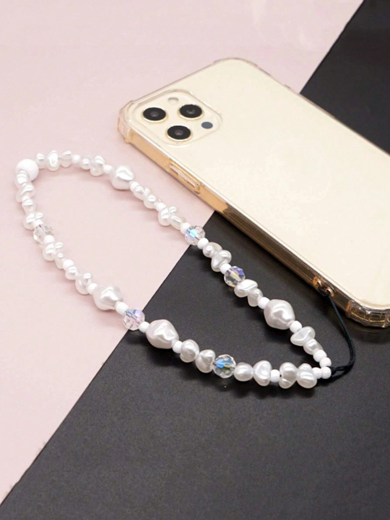 1pc Unique Shaped Beaded Phone Lanyard Featuring Pearls, Crystal And Rice Beads-White-1