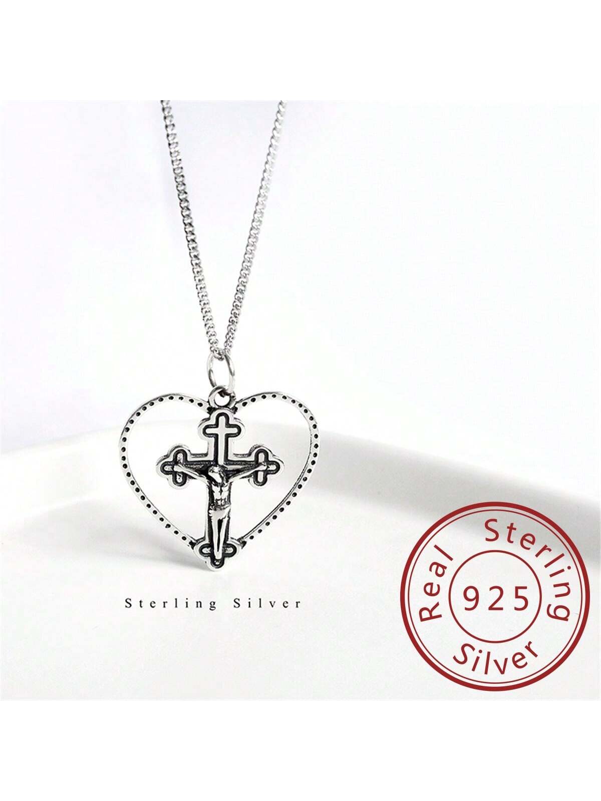 1pc 925 Sterling Silver Retro Heart Shaped Crucifix Cross Pendant Necklace For Women, Trendy Clavicle Chain, Suitable For Daily Wear--1