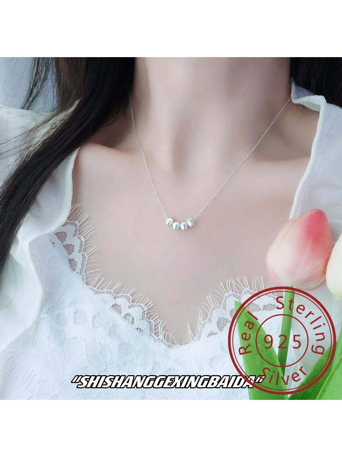 1pc 925 Sterling Silver Fashionable Beaded Necklace, Elegant Four Round Ball Design Clavicle Chain For Women's Dailywear--1