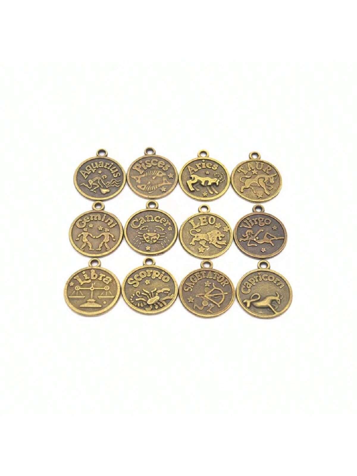 12pcs/set Ancient Silver & Blue Astrology Sign Coin Pendant For Diy Necklace, Bracelet, Earring Making-Bronze-1