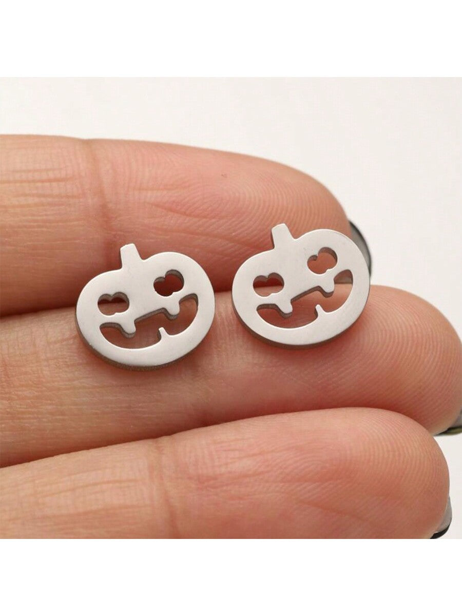 1pair Stainless Steel Funny Pumpkin Stud Earrings For Women (halloween)-Silver-1