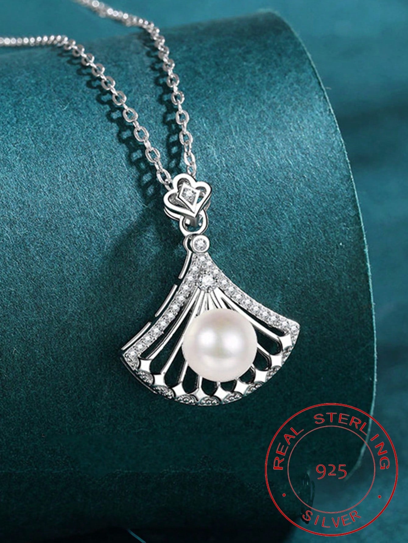 1pc Silver S925 Pure Silver Fan-shaped Hollow Out Pendant Necklace, Decorated With Rhinestone & Faux Pearl. Great For Vacation Style & Elegant Parties & Festivals. Perfect Jewelry Gift For Women.-Silver-1