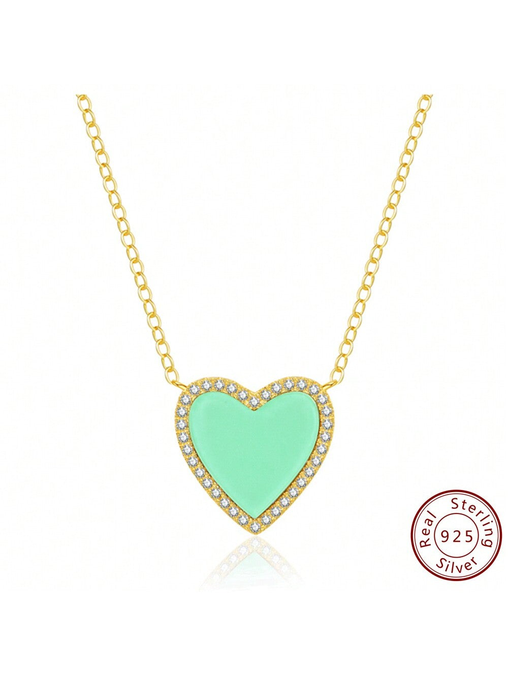 1pc Fashionable Shell Pave Outline Stone 925 Sterling Silver Love Enamel Heart Pendant Necklace For Women With 5CM Extend  15MM Turquoise--1