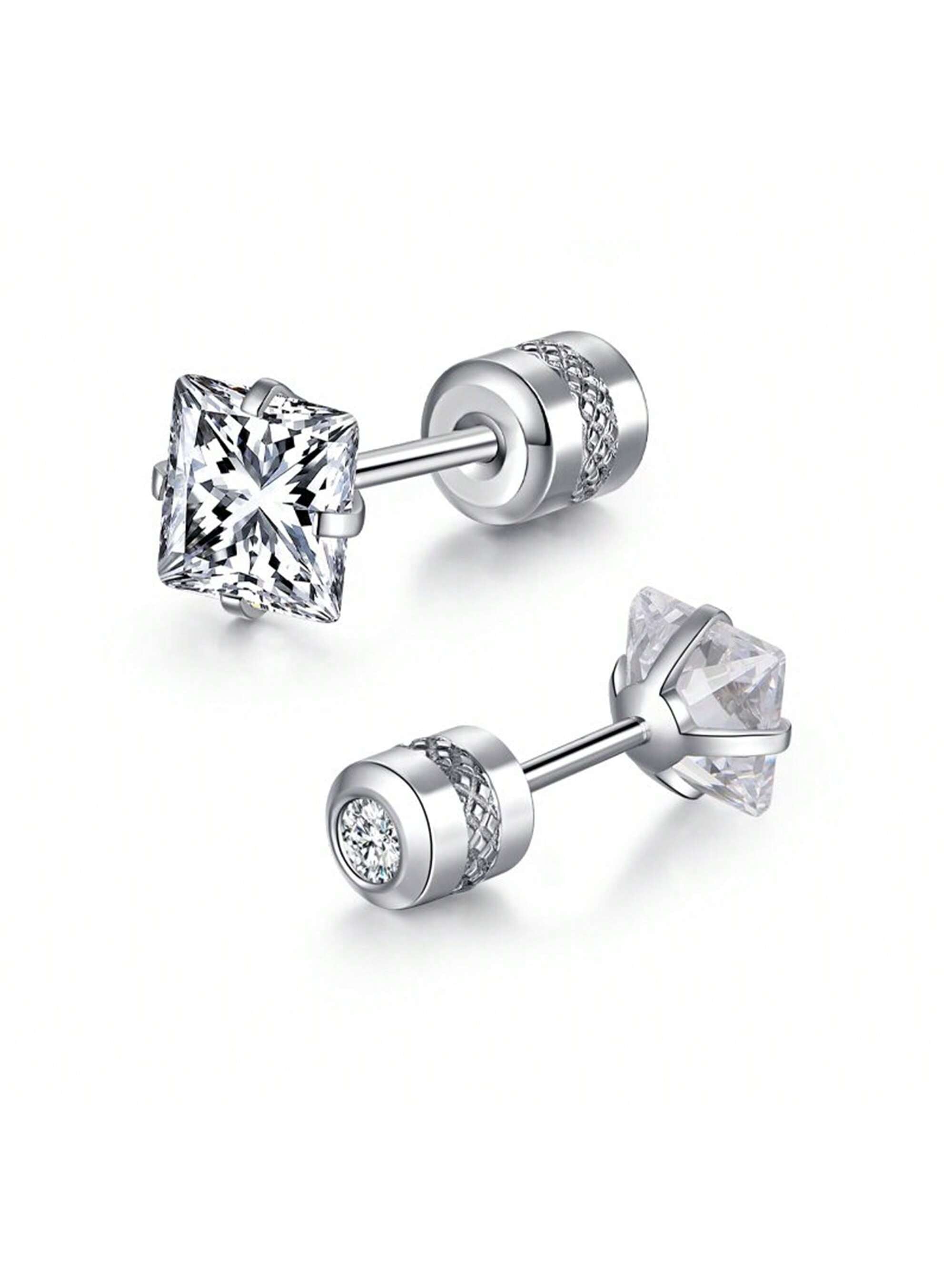 2pcs Fashionable And Durable Stainless Steel Ear Studs Featuring Square & Cubic Zirconia Inlay, Suitable For Both Men And Women, Simple And Casual, Available In Sizes From 3mm To 8mm-Silver-1