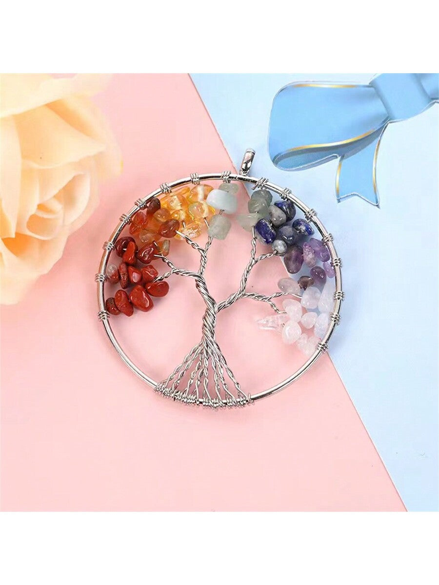 1pc Natural Crystal Chips Wrapped Wire Life Tree Design Pendant Necklace-Multicolor-1