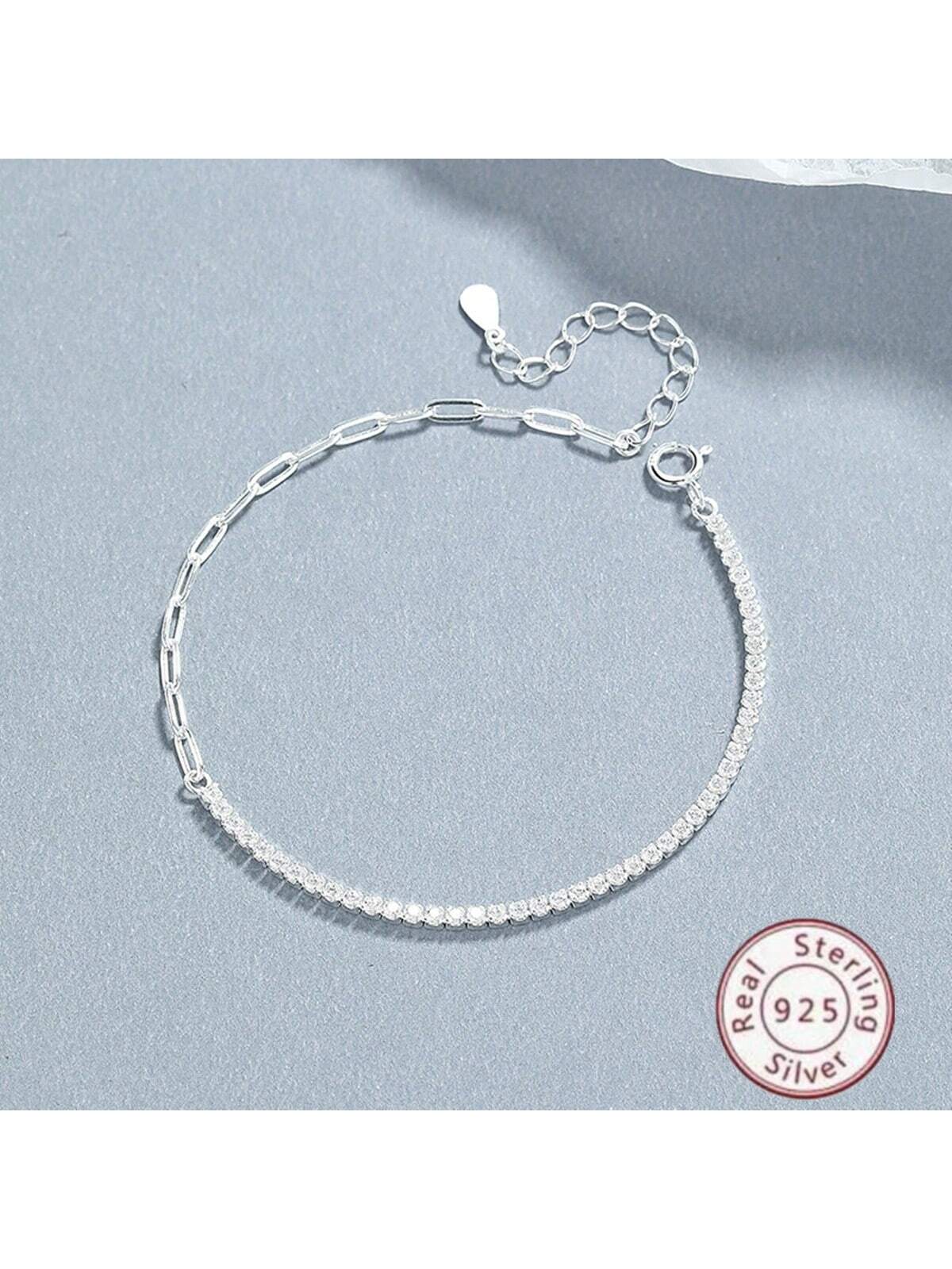 925 Sterling Silver Cubic Inlaid Box Chain Bracelet For Women, 2023 New Style, Simple & Versatile Ins Style Accessory, Personalized Elegant Silver Jewelry-Silver-1