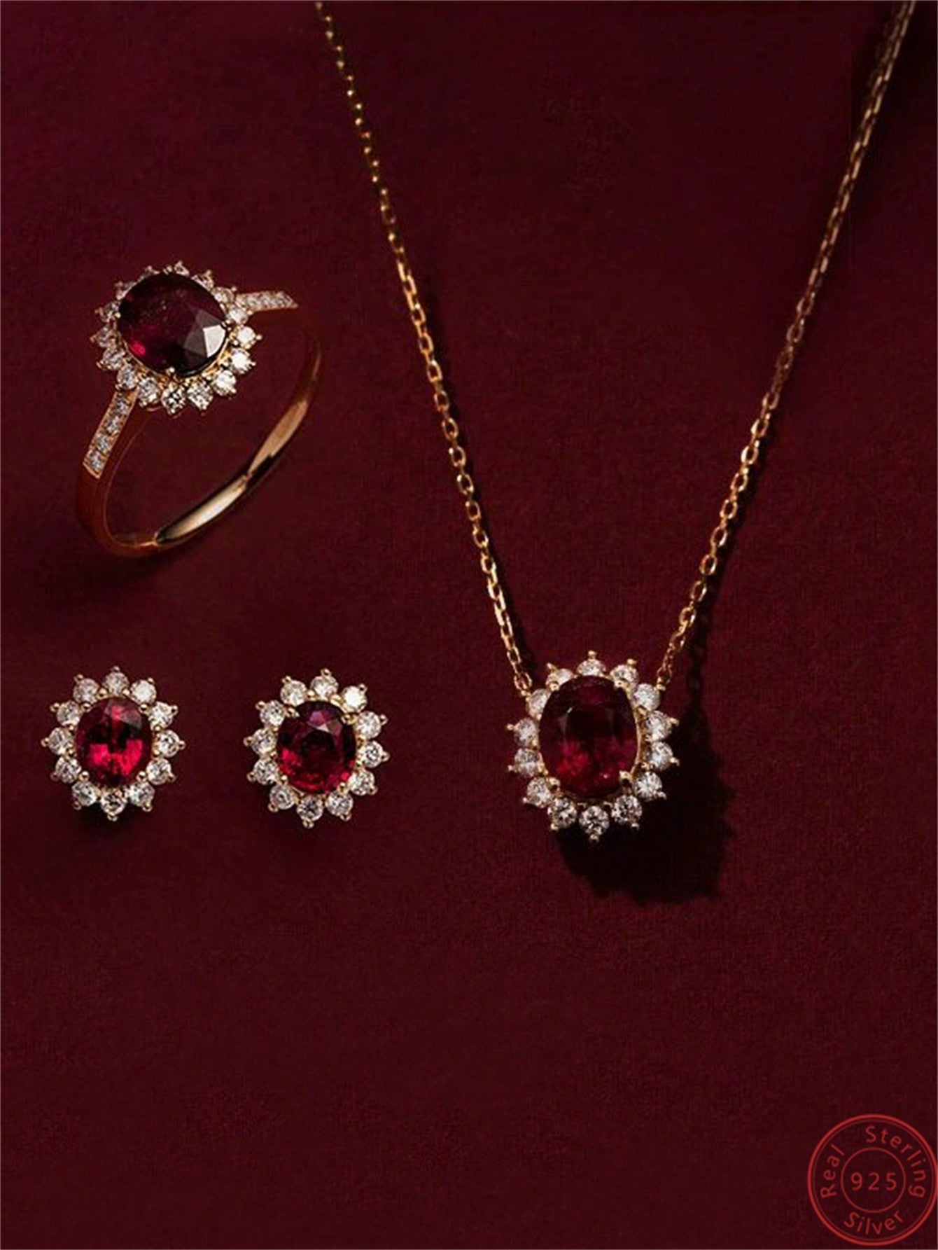 Red Pomegranate Colored Zirconia Inlaid Necklace, Ring And Earrings Set With Gift Box, Fashionable Vintage Style For Dating, Festival, Wedding, Travel, Daily Wear, Suitable For Girls, Beach, Office, And As Gifts For Girlfriend, Mother, Teacher, Best--1