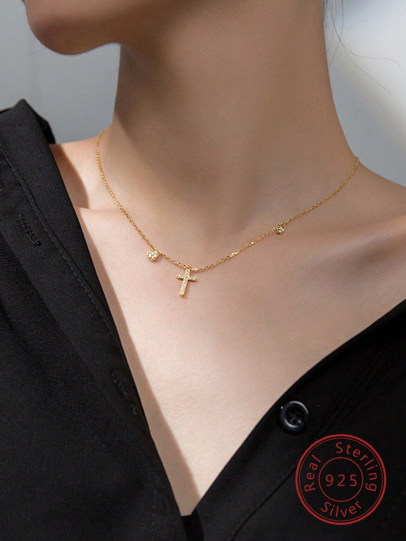 S925 Sterling Silver Necklace For Women, Fresh Design With Cross, Heart, Star & Rhinestone Pendants, Sweet Collarbone Chain For Layering, Ideal Birthday Gift For Wife, Lover And Daughter, 1 Piece, Gold Color-Gold-1