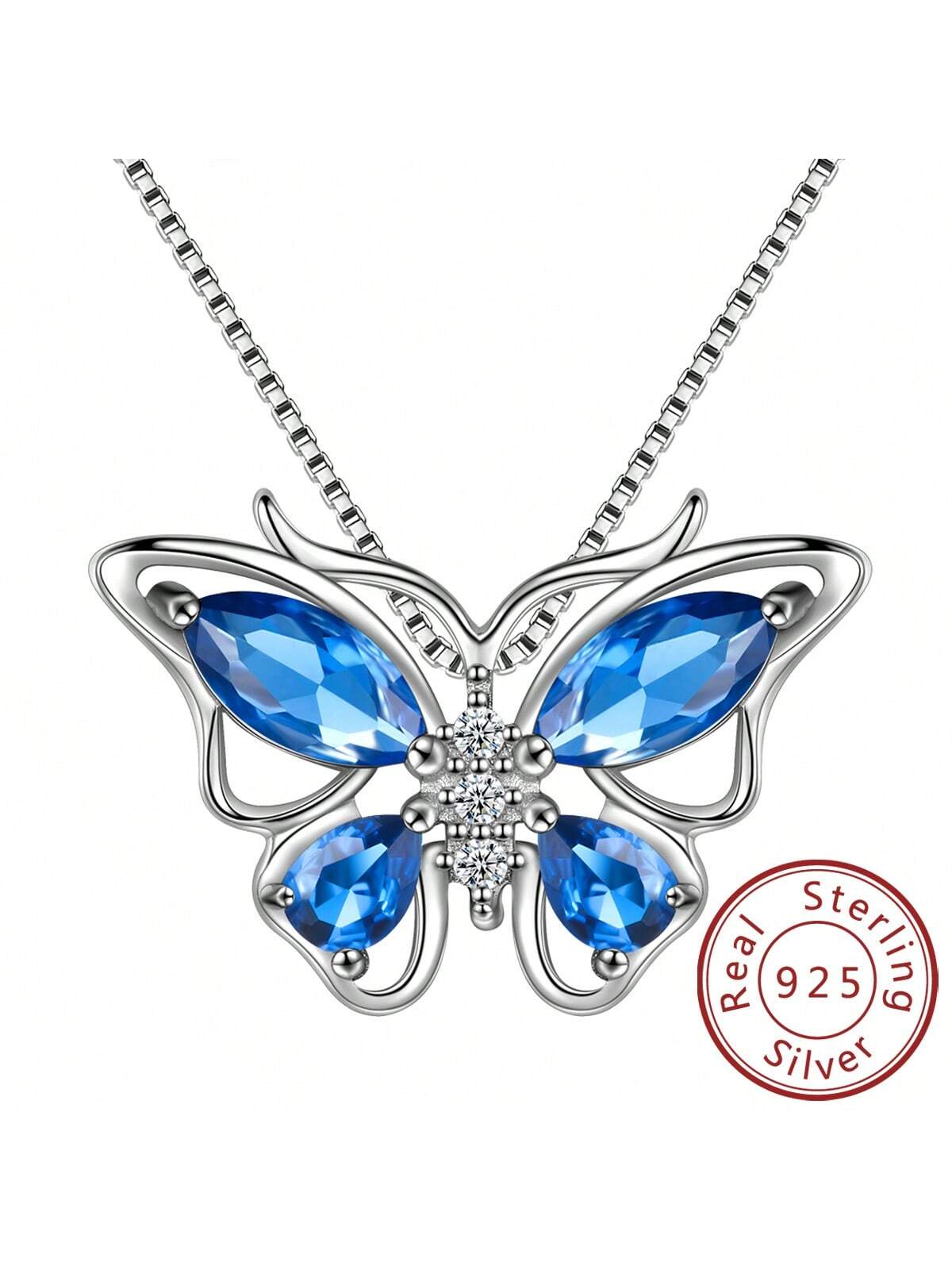 1pc Butterfly Shaped Pendant Necklace, Blue Crystal & Cubic Zirconia, September Birthstone, Elegant/casual 925 Sterling Silver Jewelry For Women/girls, Suitable For Daily Wear/party/date Night/birthday Gift/valentine's Day Gift--1