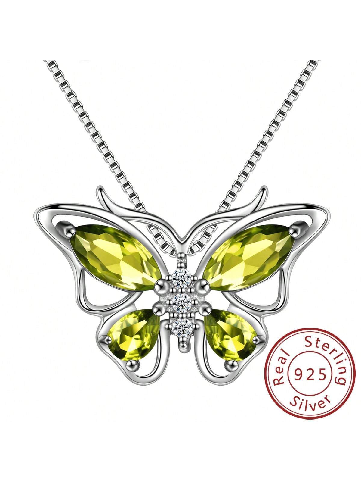 1pc Butterfly Pendant Necklace With Olive Green Crystal And , August Birthstone, Elegant And Casual 925 Sterling Silver Jewelry, Suitable For Women Girls Daily Wear/party Decoration/birthday Present/dating Gift/valentine's Day Gift--1