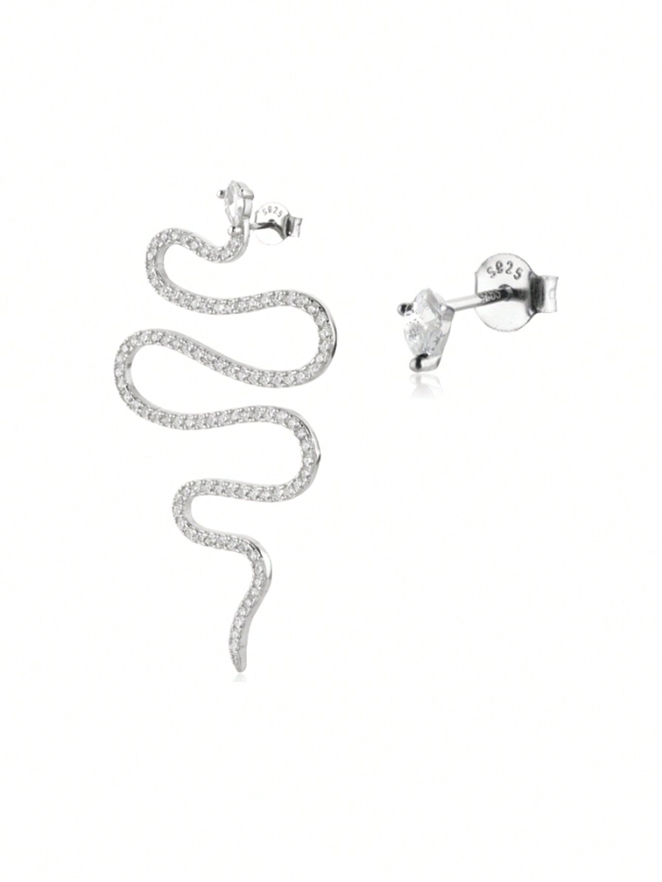 1pc Unique 925 Sterling Silver Snake Shaped Earring Studs With Rhinestone Setting-Silver-1