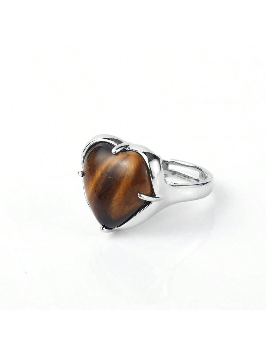 Couple Rings With Tiger's Eye Heart Shaped Gemstone-Yellow-1