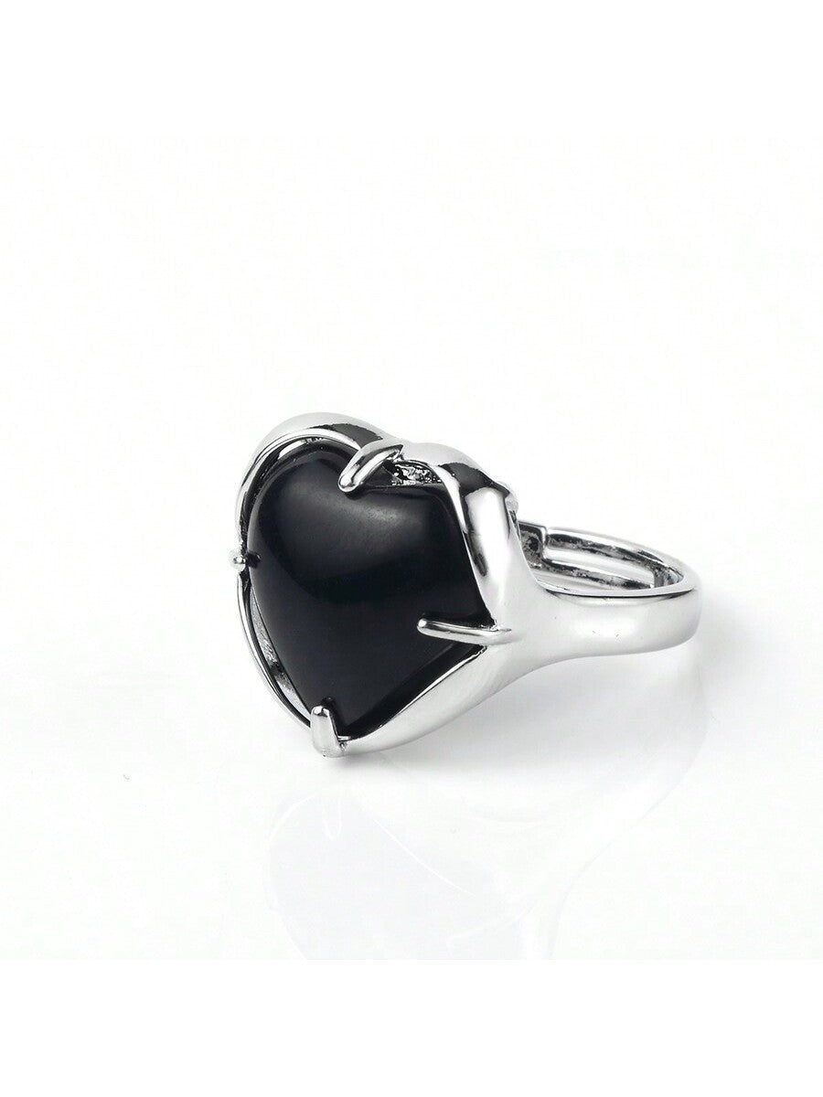 Black Agate Heart-shaped Couple Rings-Black-1