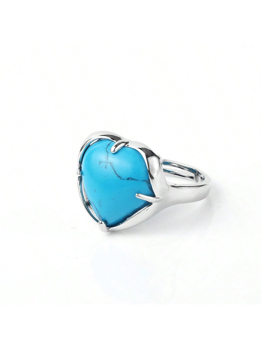 Couple Ring Set Of Blue Turquoise Heart Shaped Rings-Blue-1