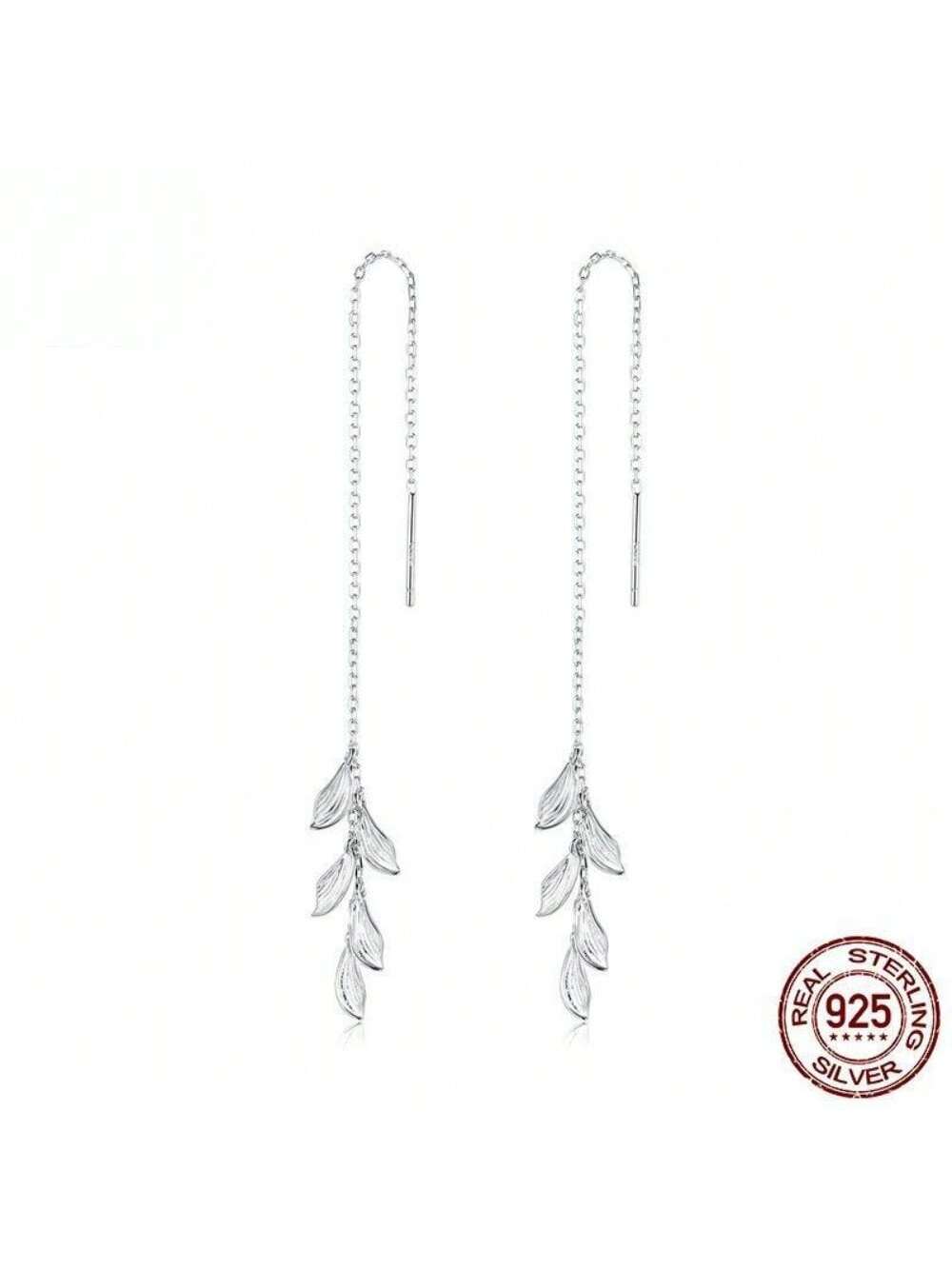 1pair Silver Leaf & Tassel Thread Long Elegant Women's Ear Threader Earrings-Silver-1