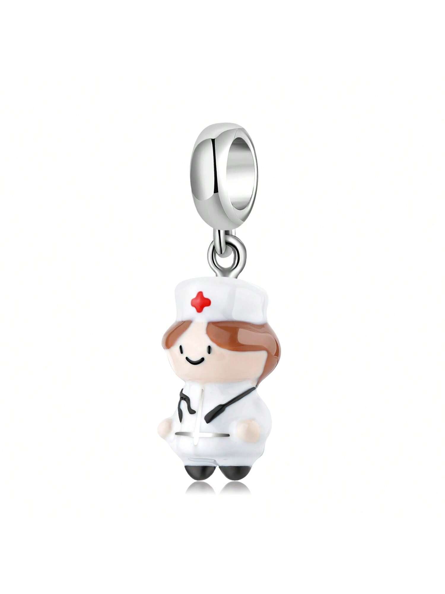 1pc S925 Silver Cartoon Nurse Pendant Diy Charm For Original Bracelet And Necklace, Delicate Gift For Women-White-1