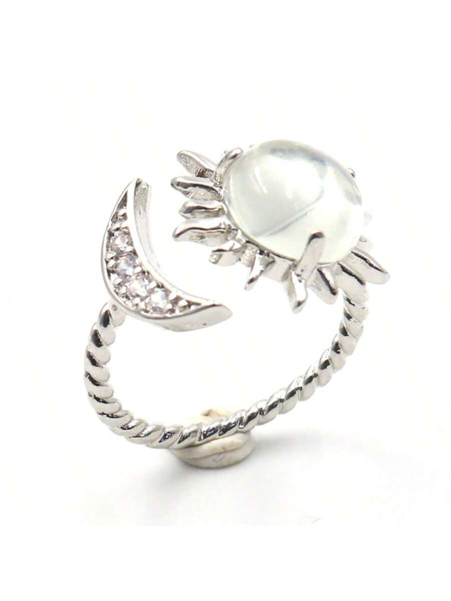 White Crystal Sun & Moon Design Women's Ring-White-1