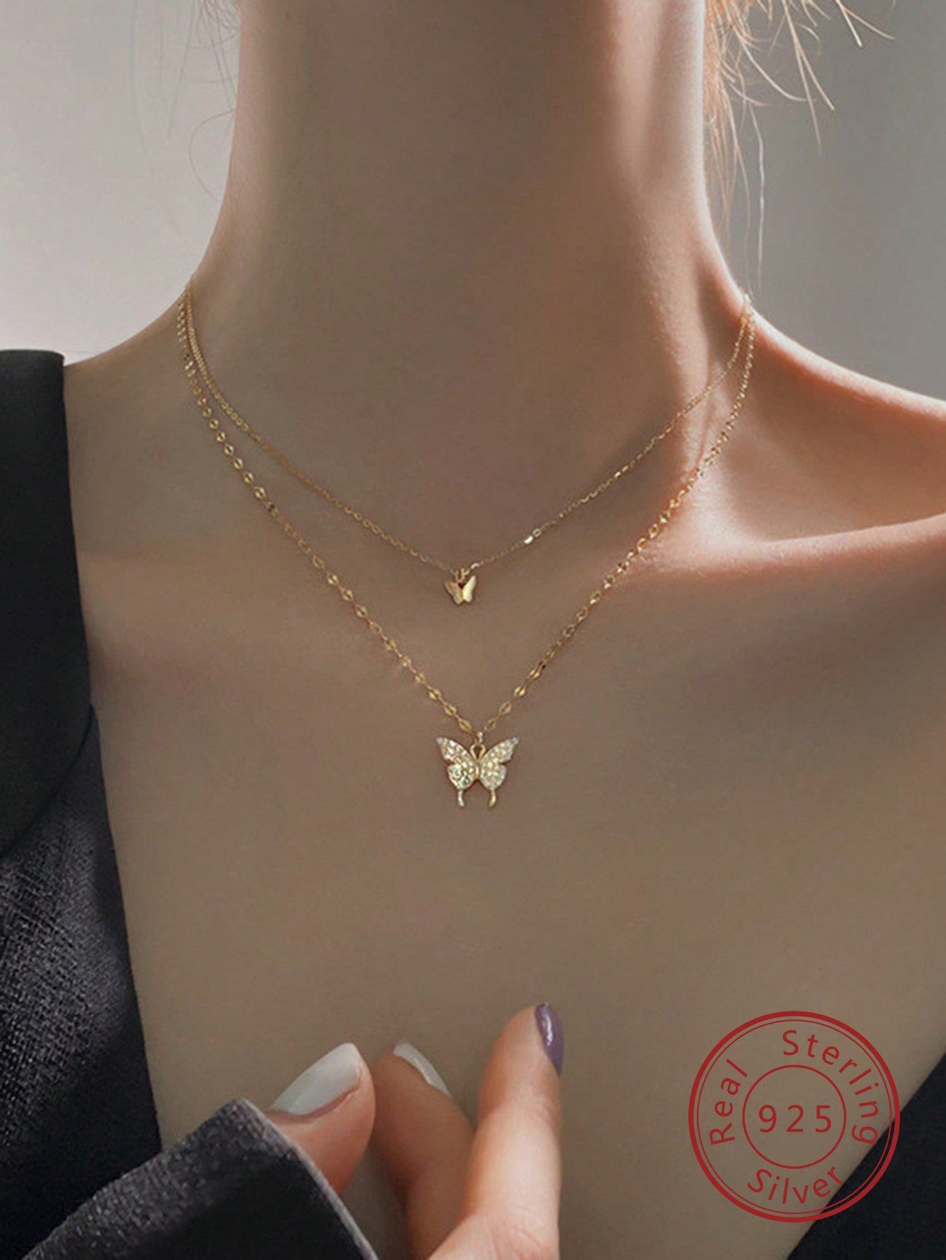 1pc S925 Sterling Silver Double Layered Butterfly With Rhinestone Detailing Necklace, Simple Sweetheart Clavicle Chain Jewelry, Ideal Gift For Daughter, Lover, Wife, Christmas, Thanksgiving, Birthday, Golden-Gold-1