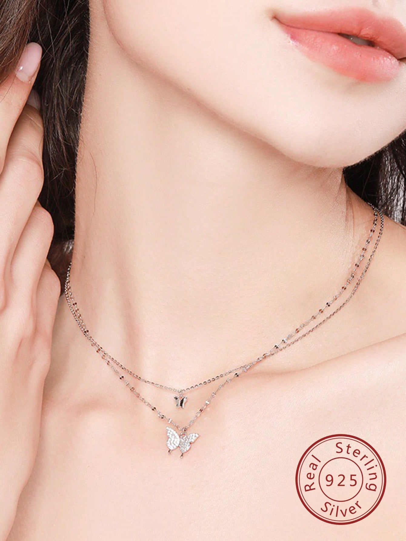 1pc S925 Sterling Silver Butterfly Double-layer Rhinestone Decor Necklace. Simple, Sweet And Youthful Style For Girls To Wear As A Choker Necklace, Suitable As A Xmas/thanksgiving/birthday Gift For Your Daughter/lover/wife. Silver Color.-Silver-1