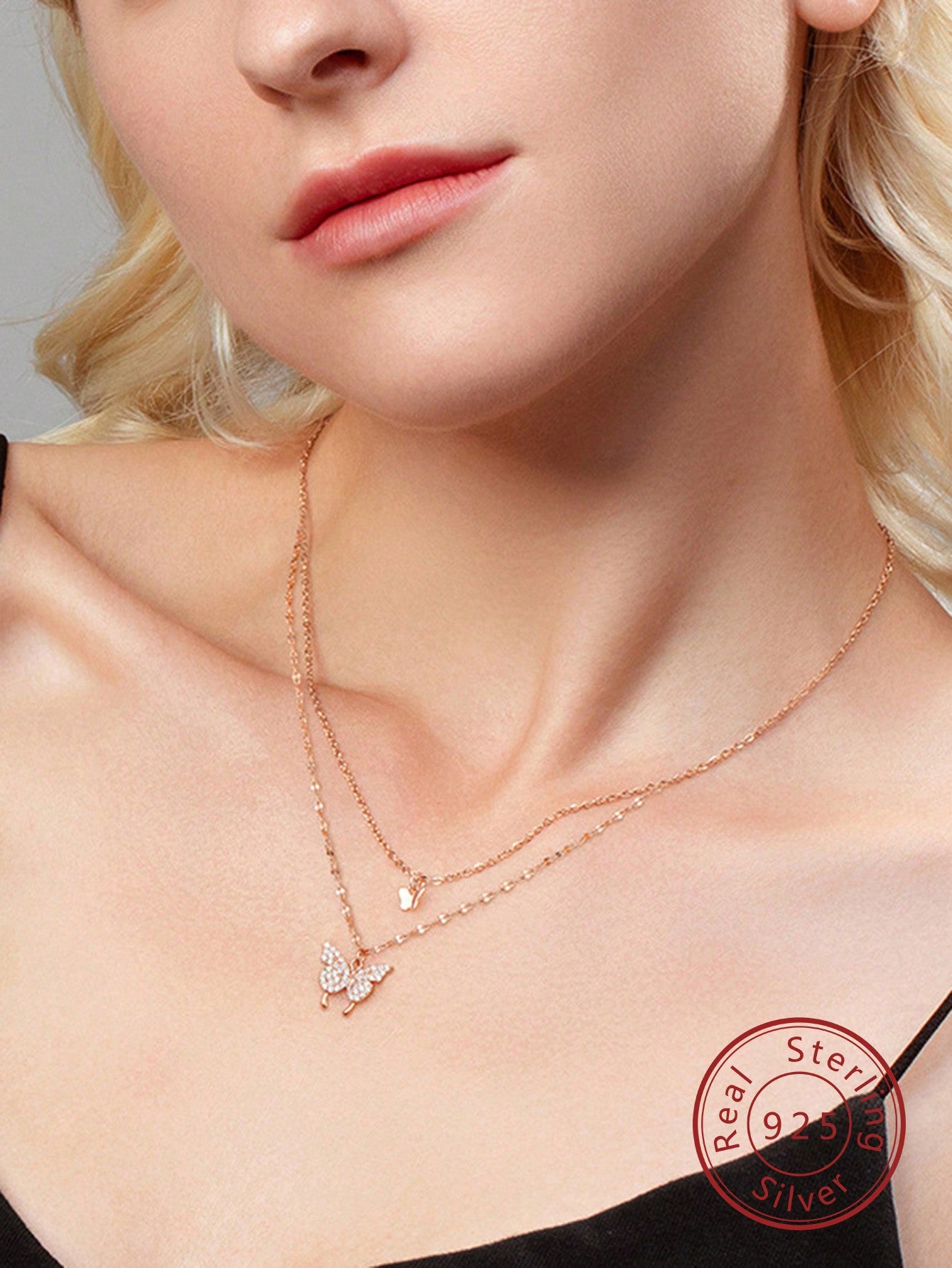 S925 Sterling Silver Double-layer Butterfly Design Cubic Zirconia Inlaid Necklace, Simple & Sweet Clavicle Chain For Young Girls, Stacking Chain Accessory, Ideal Gift For Daughter, Lover, Wife On Christmas, Thanksgiving, Birthday, One Piece, Rose-Rose Gold-1