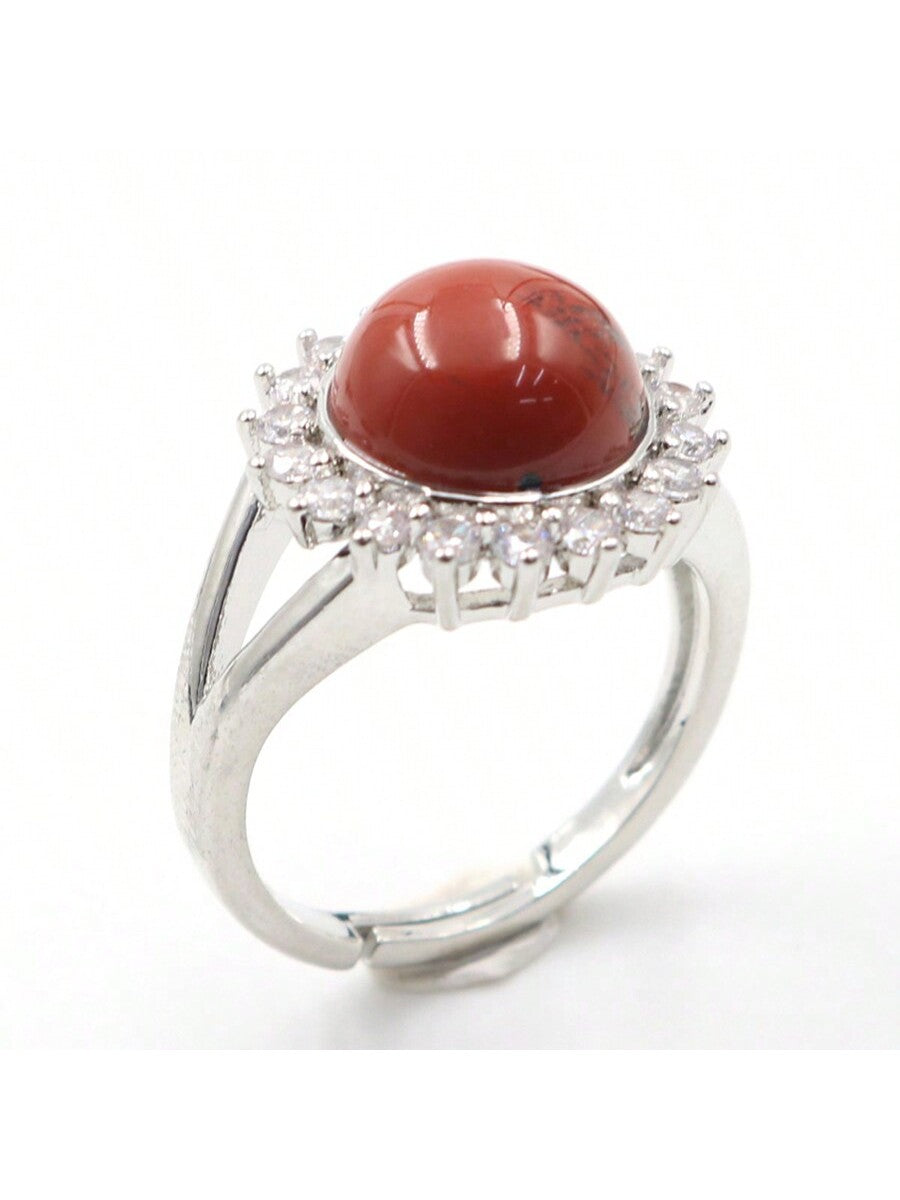 Women's Ring With Red Stone, Crystal And Bead Inlay-Red-1