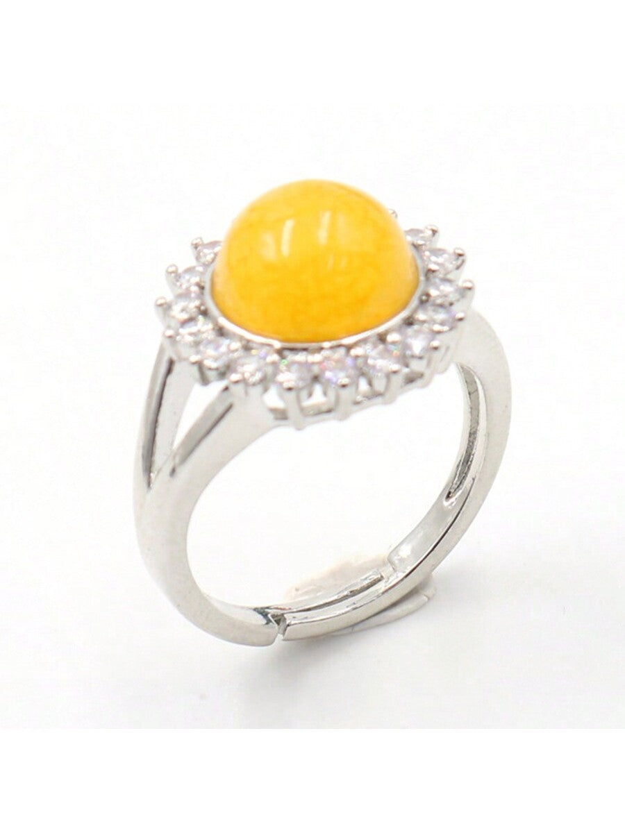 Yellow Jade Inlaid Crystal Ladies' Ring With Embellished Beads-Beige-1