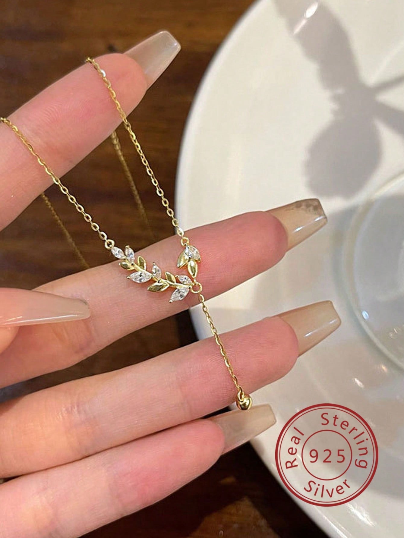 1pc Dainty Golden Wheat & Leaf & Cubic Zirconia Pendant Tassel Necklace, 925 Sterling Silver Clavicle Chain Jewelry, Women's Plant-themed Fashion Accessories For Office Ladies' Gift-Yellow Gold-1