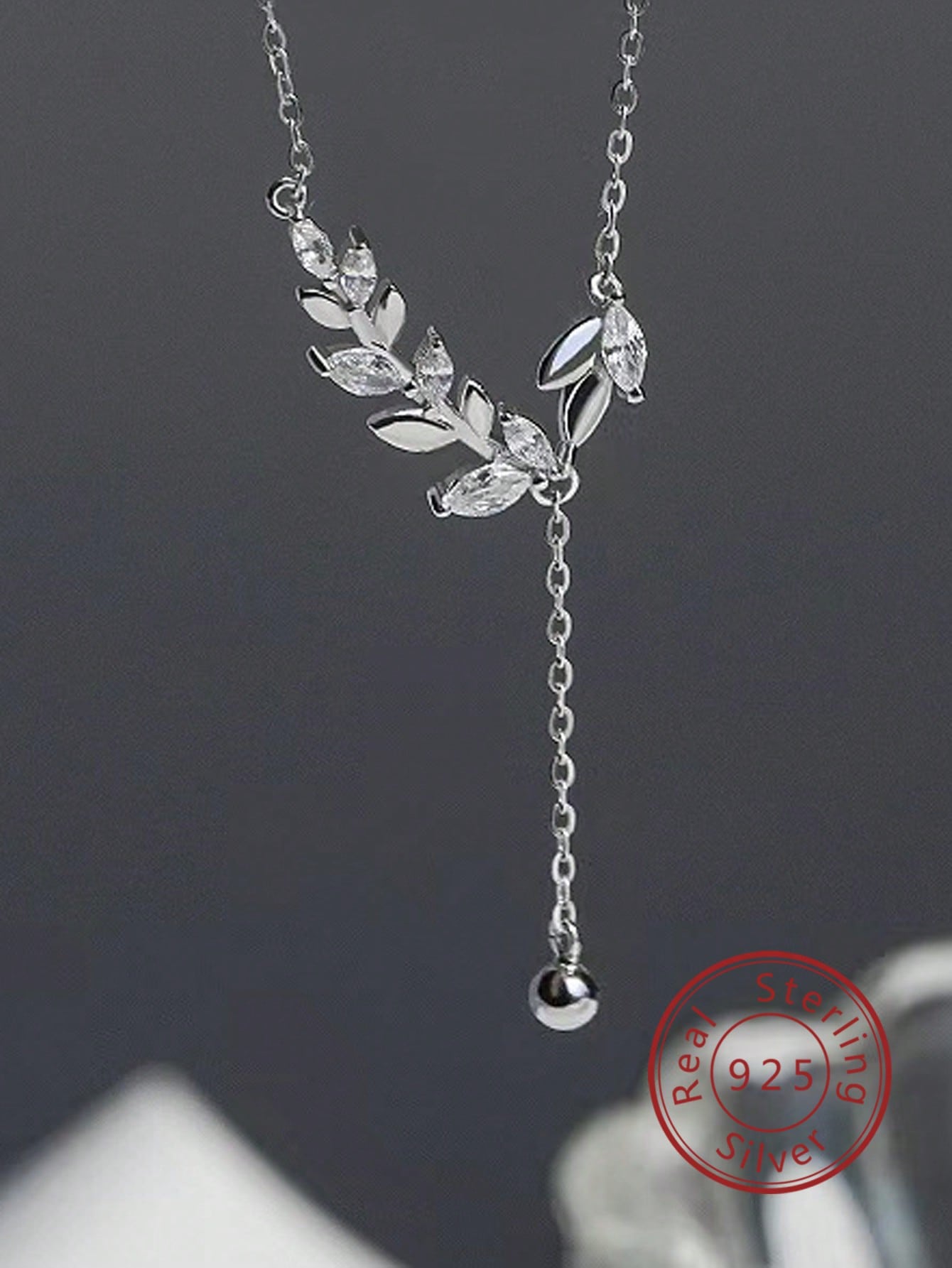 1pc Sweet Wheat & Leaf Shaped Cubic Zirconia Pendant Tassel Necklace, 925 Sterling Silver Clavicle Chain Jewelry For Women, Plant Theme Accessory-Silver-1